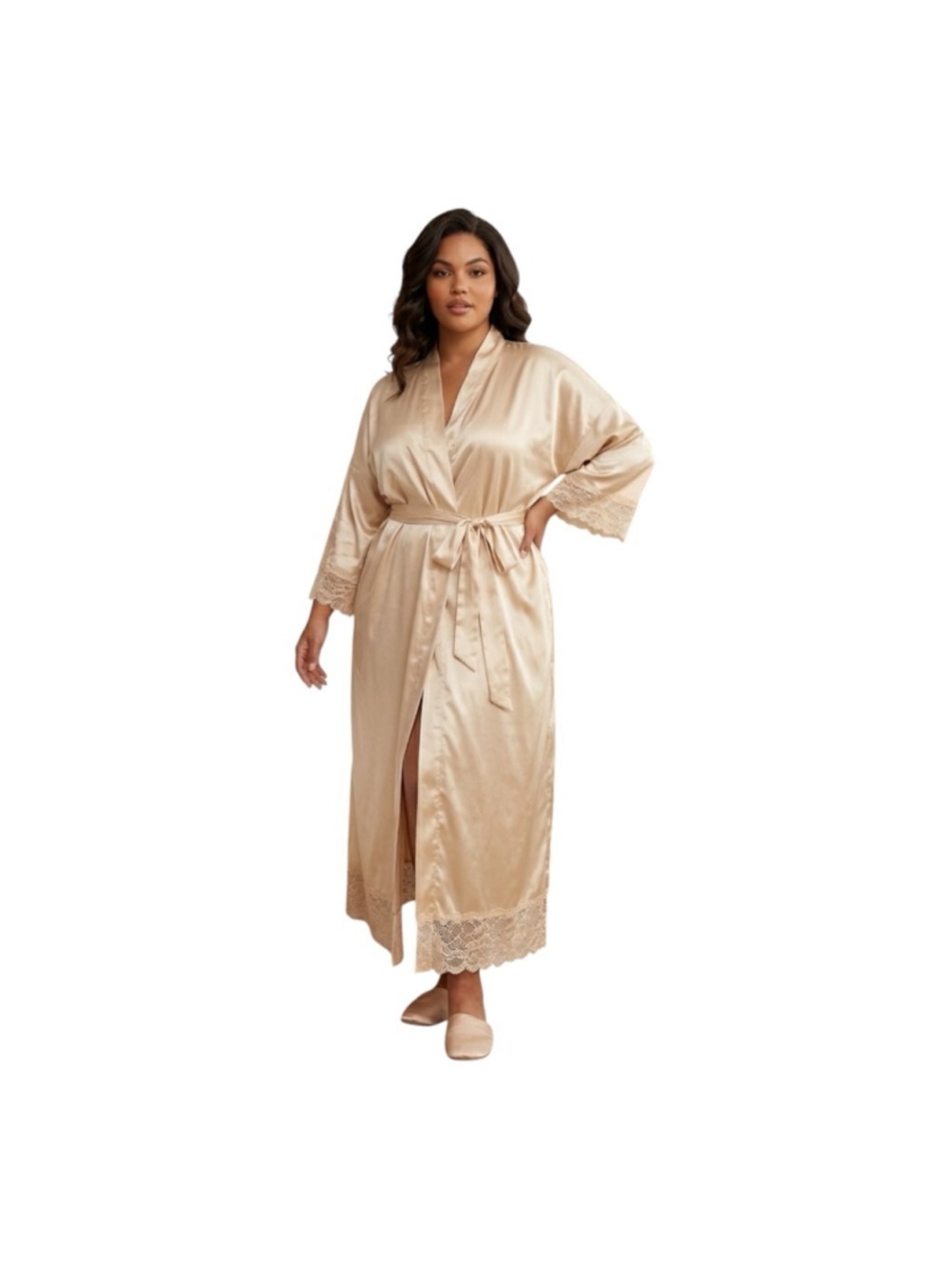 BABEYOND Champagne Satin Lace Trim Robe 2XL Bridal Wedding Getting Ready
